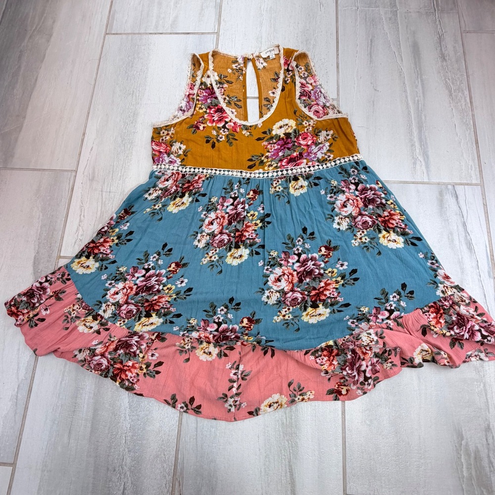 Umgee A4978 Mustard Teal Floral Lace Babydoll Sleeveless Tunic M
